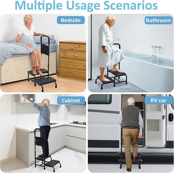 2 Step Stool with Handle for Elderly Adults, Portable Footstool Bed Steps for High Beds, Two Step Stools for Seniors with Adjustable Handrail Non-Skid Platform, Foot Stool for Kitchen Bathtub (Black)