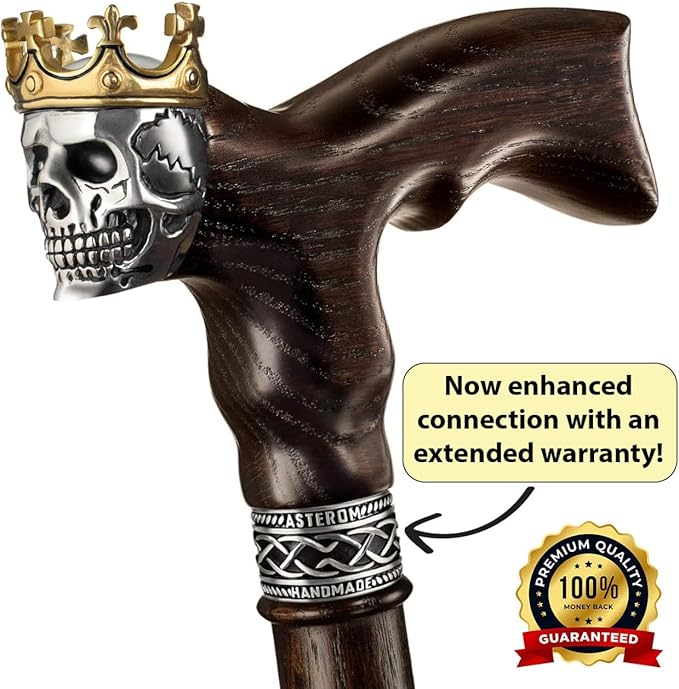 Asterom Handmade Wood Walking Cane for Men - Skull King - Cool Men's Wooden Canes Fashionable Walking Stick