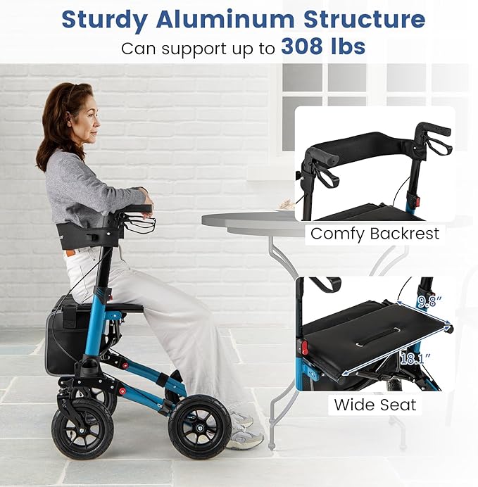 Goplus Walkers for Seniors with Seat, 2 in 1 Folding Rolling Rollator Walker with 9" Pneumatic Tires for All Terrain, Height Adjustment, Ergonomic Backrest, Aluminum Adult Mobility Walking Aid