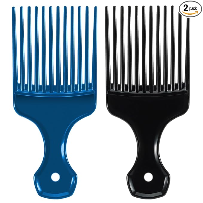 SIMPOR 2 Pcs Hair Pick Comb Wide Tooth Lift for Hair Styling Detangling, Plastic Afro Pick for Women Men, Fist Picks for Curly and Afro Hair (Metallic Blue, Black)