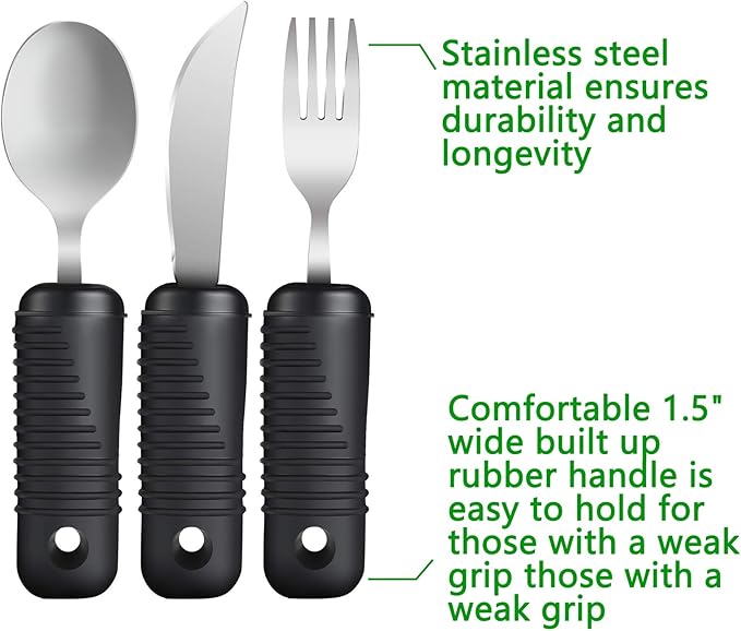 Adaptive Utensils,Easy Grip Silverware,Built-Up Fork,Spoon and Rocker Knife for Adults,Elderly,Arthritis,Tremors and Parkinsons,3 Piece Set
