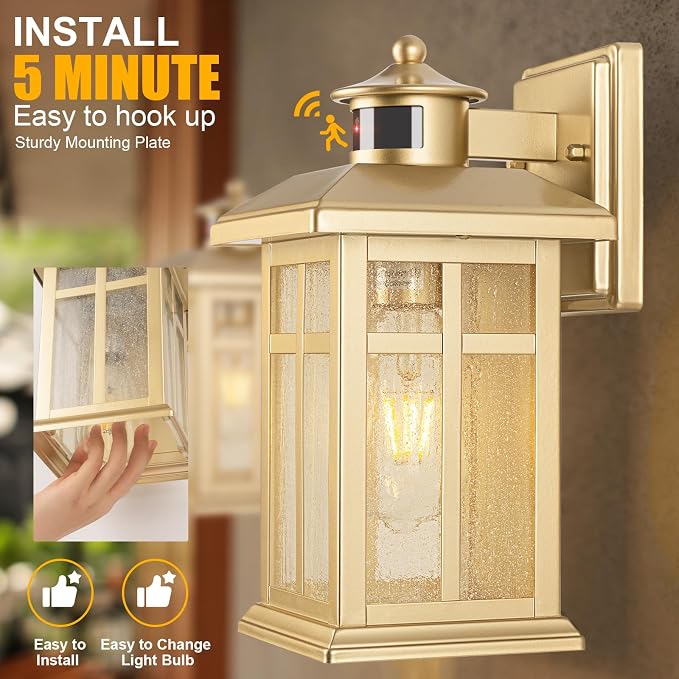 Exterior Motion Wall Sconce, 2 Pack Outdoor Light Fixture Wall Mount Gold | Hardwired Exterior Light Sconces with E26 Sockets & Tempered Glass, Wall Mounted Black Waterproof Outdoor Lights for House