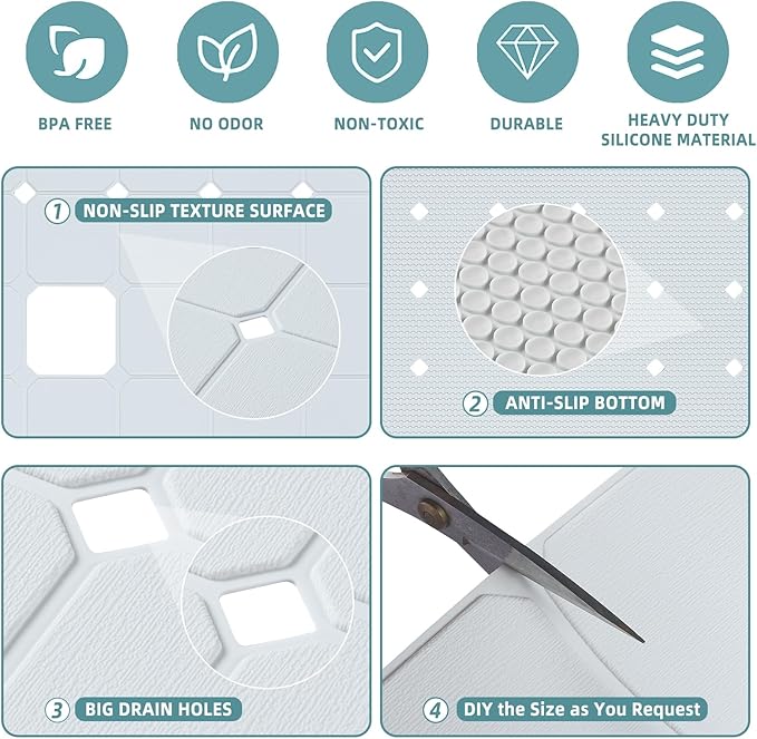 Shower Mat Non Slip Silicone Soft Odorless Bathtub Mat Non Slip No Suction Cups for Refinished,Reglazed and Textured Bath Tub Mat 24 X 24 Inch White