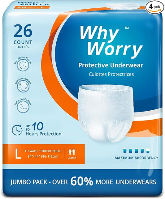 WhyWorry Incontinence Underwear for Women & Men, Large, 104 Count | Disposable Adult Pull Ups with Maximum Absorbency, Leakproof Adult Diaper Pants, Overnight Protection, Odor Control, Unisex