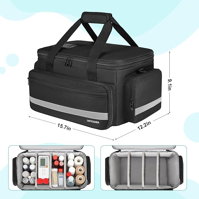 Medical Bag, Medical Equipment Case Empty, Large Home Health Nurse Bag with Shoulder Strap, Medication First Aid Organizer for Therapist, Doctors, Nursing Students (Black)