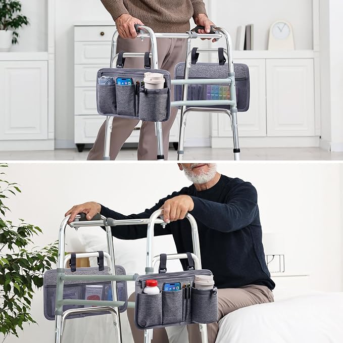 BAGSFY 2-Pack Walker Side Bag, Universal Walker Accessories with Cup Holder, Waterproof Folding Walker Organizer Caddy Pouch for Most Walkers with Side Bars, Double-Sided Storage for Seniors & Elderly