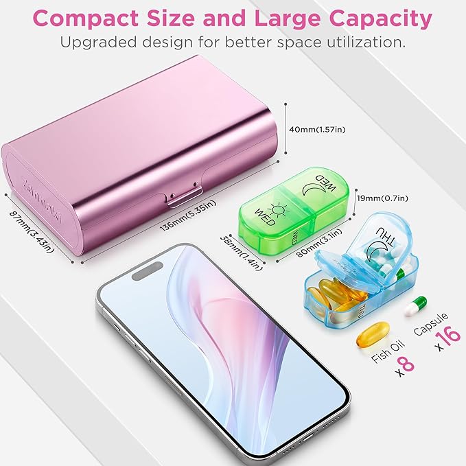 Zannaki Metal XL Weekly Pill Organizer 2 Times a Day, Large Travel Daily Pill Box 7 Day, Portable Week Twice Pill Holder Container, AM PM Pill Case for Medicine Vitamin Medication Supplement, Pink