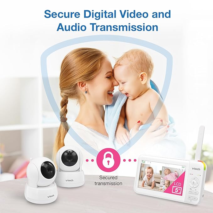 VTech 2 Cameras Video Baby Monitor with 5" LCD Screen,Up to 17Hrs Video & 31Hrs Audio, Night Vision, Pan-Tilt-Zoom, Lullabies, Soothing Sounds, Temperature Sensor,Split Screen, No WiFi: 924-2W
