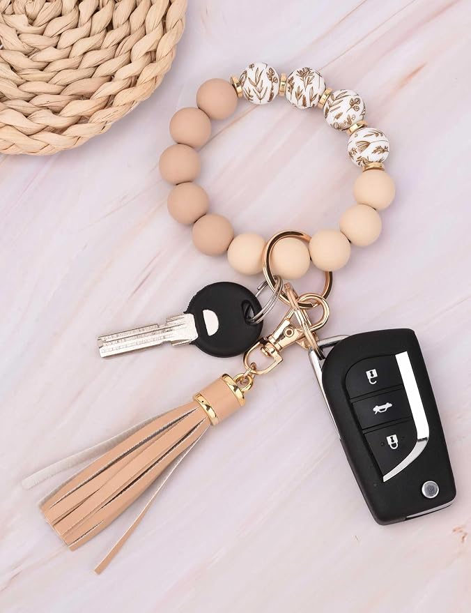 BAOSIWA Silicone Beaded Bracelet Keychain Wristlet Key Ring Bangle Chains for Women with Leather Tassel