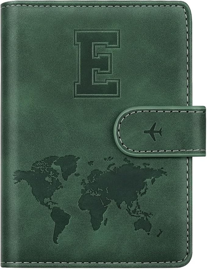 Passport Holder Wallet Cover Personalized Initial Travel Essentials | Embossed Letter A-Z Design, Travel Wallets, RFID Blocking, Passport Book Holders, Women and Men, Personalized Gifts, Green-E
