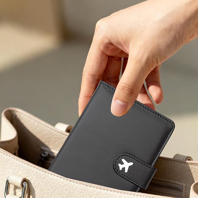 Passport Holder, Cute Travel Wallet Cover with RFID Blocking,Black | PU leather travel wallet with magnetic closure, card slots, pen loop, and easy access for passports and essentials.