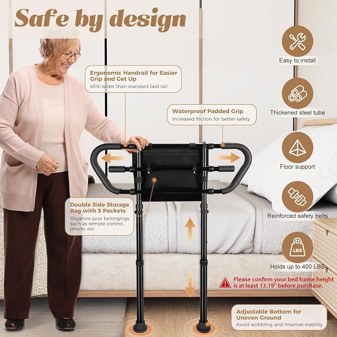 Bed Rails for Elderly Safety 400lbs, Adjustable Bed Assist Handle with Pocket