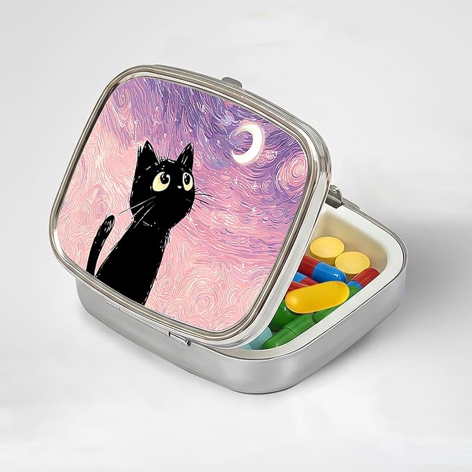 LRITER Pill Case, 2 Compartment Portable Small Travel Pill Organizer for Purse and Pocket, Stylish Medicine Case with Multiple Patterns, Daily Pillbox for Home & Travel (Pink Starry Sky Cat)
