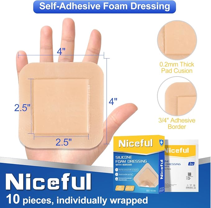 Silicone Foam Dressing Bulk 4"x4"(25 PCS), Waterproof Silicone Large Bandages for Wound with Border Adhesive, High Absorbency Bed Sore Bandages Wound Care Dressing (2.5"X2.5" Pad)