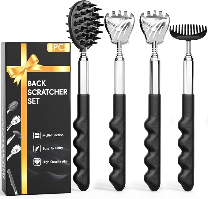Gumry Telescoping Back Scratcher, 5 Detachable Heads, Gift for Men Black