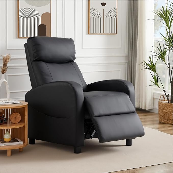 Sweetcrispy Recliner Chair PU Leather Recliner Sofa No Massage, Home Theater Seating with Lumbar Support, Adjustable Push Back Overstuffed High-Density Sponge Reclining for Living Room, Black