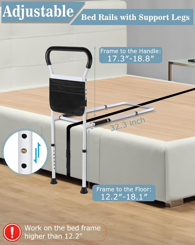 Bed Rails for Elderly Adults Safety - Adjustable Bed Assist Rail with Support Legs, Non-Slip Ergonomic Handle Bar Bed Guard Rails with Storage Bag - Fit King Queen Full Twin Beds
