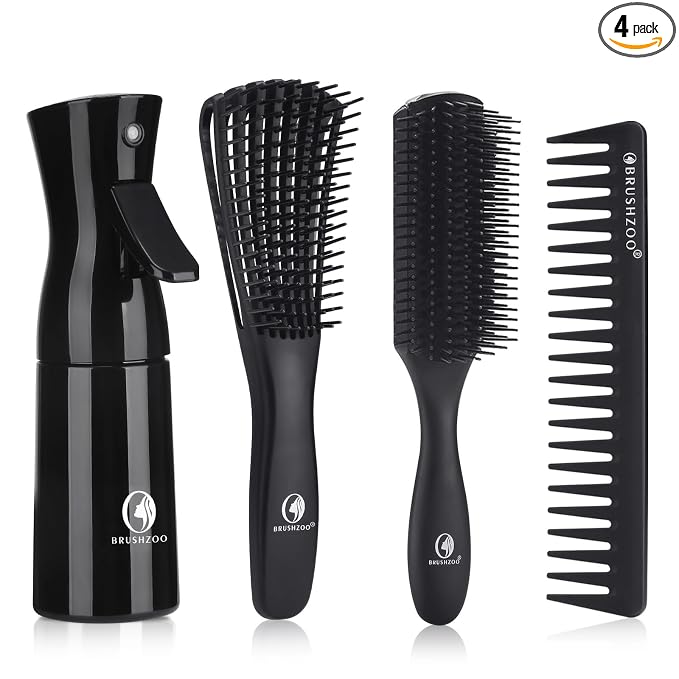BRUSHZOO Hair Brush Set for Women, Men, and Kids - Detangling Brushes for Curly and Natural 3/4abc Hair, Wide Tooth Comb, Detangler Brush, and Hair Spray Bottle