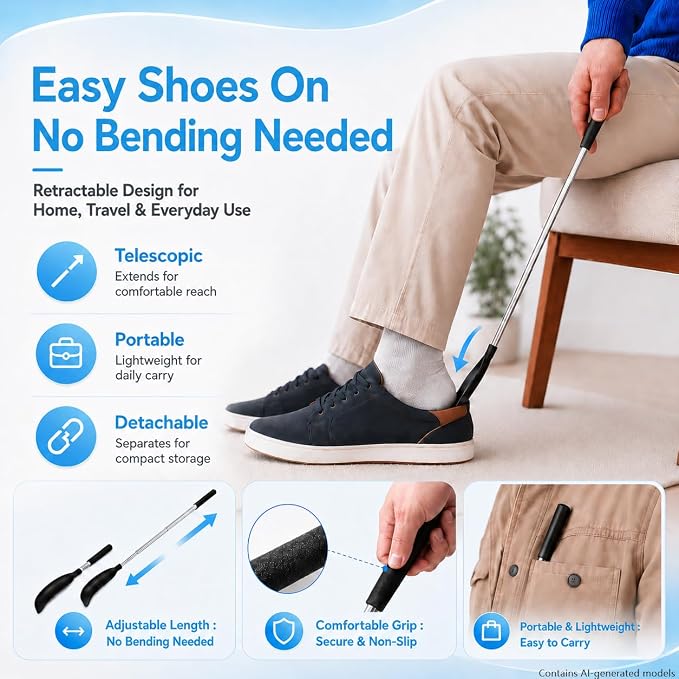 Sock Aids for Putting On Socks Kit,Sock Helper for Seniors with Adjustable Shoe Horn,Sock Assistant Device No Bending Easy Put on Socks Without Bending for Elderly, Disabled,After Surgery Recovery