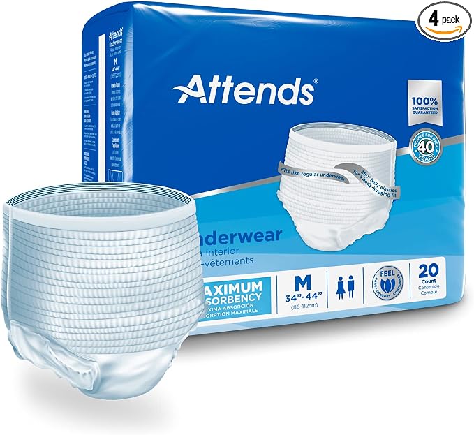 Attends Adult Absorbent Underwear, Medium [80 Count] - Maximum Absorbency for Men and Women - Disposable Pull-On Diapers with Tear-Away Sides and Breathable Waistband - AP0720