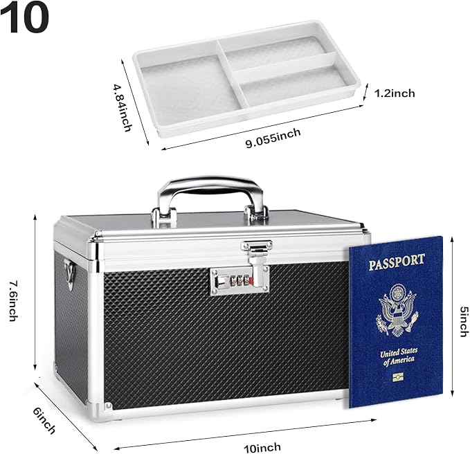 Medicine Box with Combination Lock - 10"x6"x6.7" First Aid Safe Medication Storage Case, Personal Items Safe Case for Hospital & Home & Outdoor 【Black】