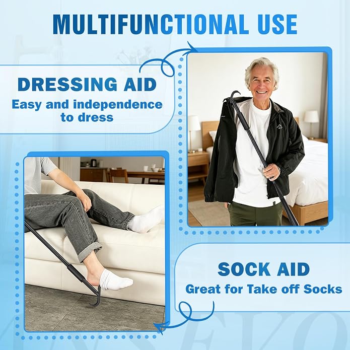 35 Inch Long Handle Shoe Horn for Seniors, Dressing Stick for Elderly, Sock Aids for Putting on Socks, Shirts, Shoes