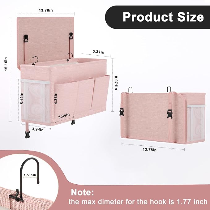 Bedside Caddy Storage Organizer for Bed Rails, Bed Caddy with 6 Pockets | Bedside Organizer with Fixed Straps and Hooks, Mattress Supported Versatile for Home, Dorm, Bunk, Hospital and Crib Bed