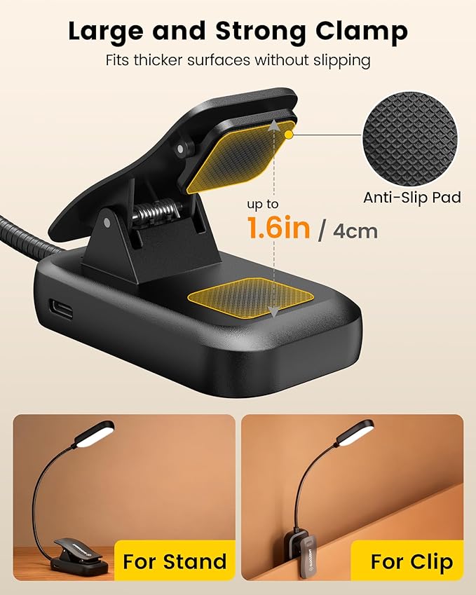 Glocusent 20 LED Reading Lights for Books in Bed, Eye Caring Reading Light, 5 Colors & 5 Brightness 3–100LM Dimmable, 1200mAh Rechargeable Book Light to 90H, Lightweight Clip on Light for Book Lovers