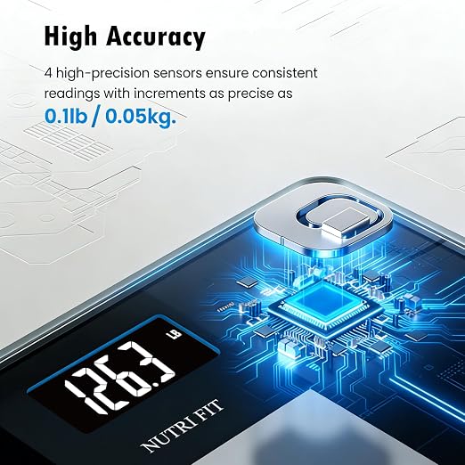 NUTRI FIT Digital Bathroom Scale for Body Weight, High Accuracy 0.1 lb Precision, 400 lb Capacity, Step-On Technology, Large Backlit LCD Display, Tempered Glass Weight Loss Scale for Home & Fitness