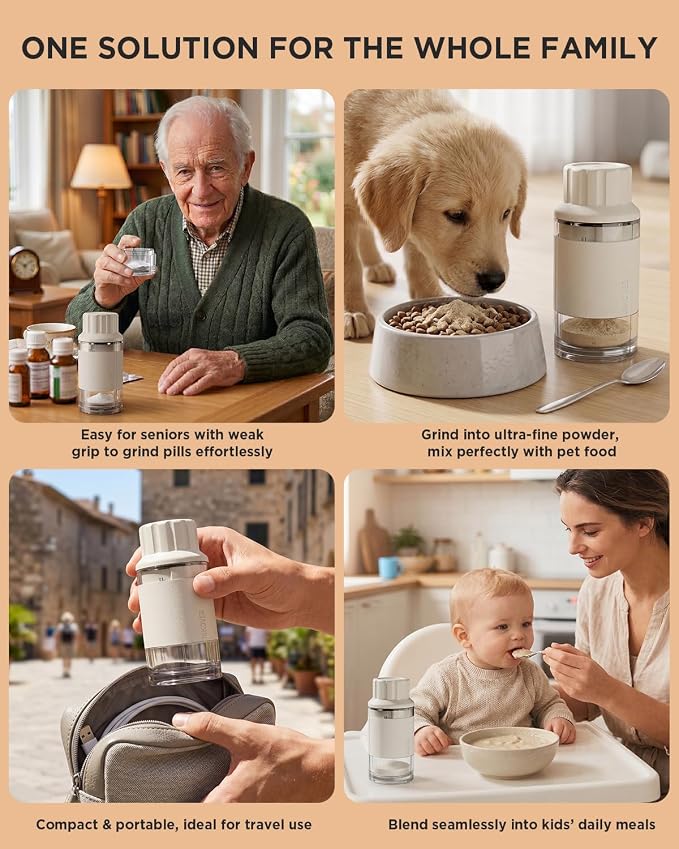 GAONLY Ceramic Core Small Pill Crusher Fine Powder –Manual Pill Grinder for Elderly & Pets, Free Twist-to-Grinder for Arthritic Hands, Crushes Meds/Vitamins to Fine Powder (White)