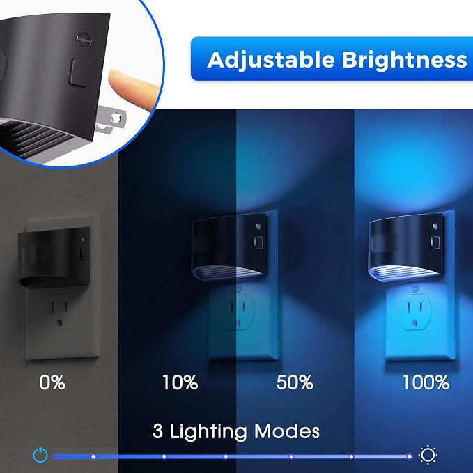 L LOHAS LED Motion Sensor Night Light, Night Lights Plug into Wall, 4 Pack | Nightlight with Dusk to Dawn & Motion Detection Sensor, 30-100Lm Adjustable Brightness, Blue Light, Black Housing