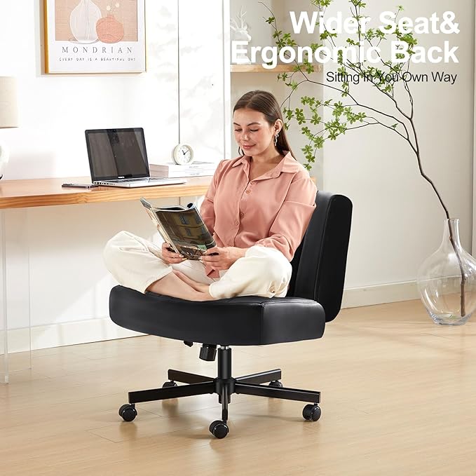 Criss Cross Chair with Wheels,Thick Padded Leather Cross Legged Office Desk C Hair with Pocket Spring Cushion,Dual-Purpose Base,Wide Adjustable Computer Home Office Vanity Chair,Black