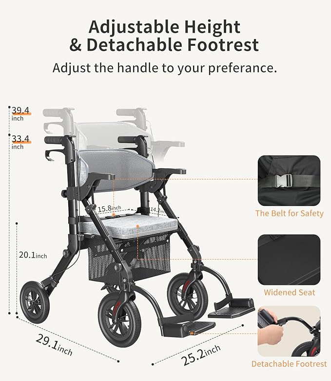 VOCIC Rollator-Walkers-for-Seniors-with-Seat, Walker Wheelchair Combo, Transport-Wheelchair-Lightweight-Foldable, Adult Walkers All Terrain, 2 in 1 Rolling Walker Chair with Brakes & Pouch