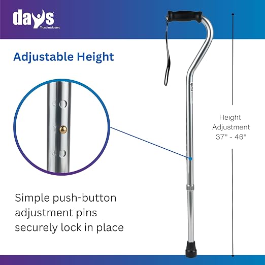Days Standard Bariatric Offset Cane with Tall Height Adjustment, Bariatric Cane with Rubber Tip, Heavy Duty Walking Cane for Weight Bearing, Mobility Aid for Elderly, Silver with Black Handle