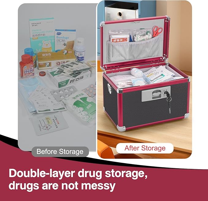 Secure Medicine Lock Box with Key, Childproof Metal Medication Storage Organizer for Home & Travel, Layered Aluminum First Aid Box, Portable & Durable – 10" x 6" x 6.7" Black & Red