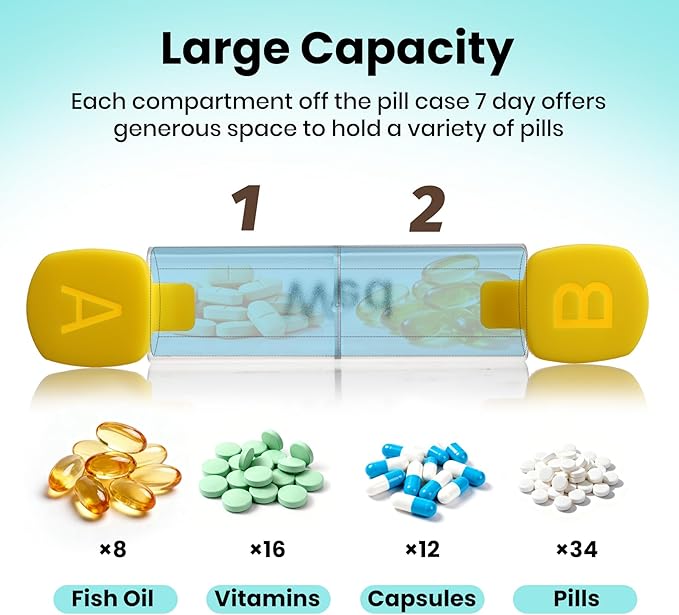 Weekly Pill Organizer 2 Times a Day - 7 Day AM PM Pill Box, Large Travel Pill Case & Supplement Container for Daily Medication, Vitamins, Fish Oils, Portable Pill Holder Storage, Translucent
