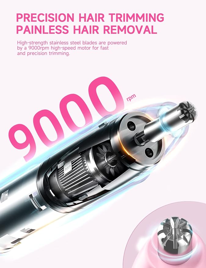 ZORAMI Rechargeable Ear and Nose Hair Trimmer - 2026 Professional Painless Eyebrow & Facial Hair Trimmer for Men Women, Powerful Motor and Dual-Edge Blades for Smoother Cutting Pink