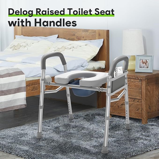 Delog Raised Toilet Seat with Handles, Heavy Duty 400lb Medical Safety Frame, Bathroom Assist Toilet Seat Raiser for Seniors