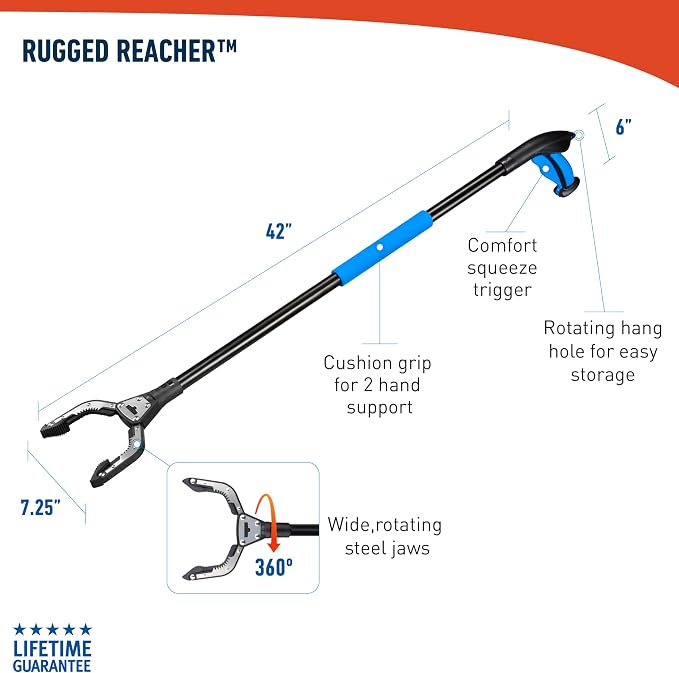 Unger Professional 42.5” Rugged Reacher Grabber Tool with Rotating Head, Outdoor Trash Picker Upper, Heavy Duty Claw Pickup, Durable Litter Yard Clean Up for Twigs, Lawn, and Garden Use