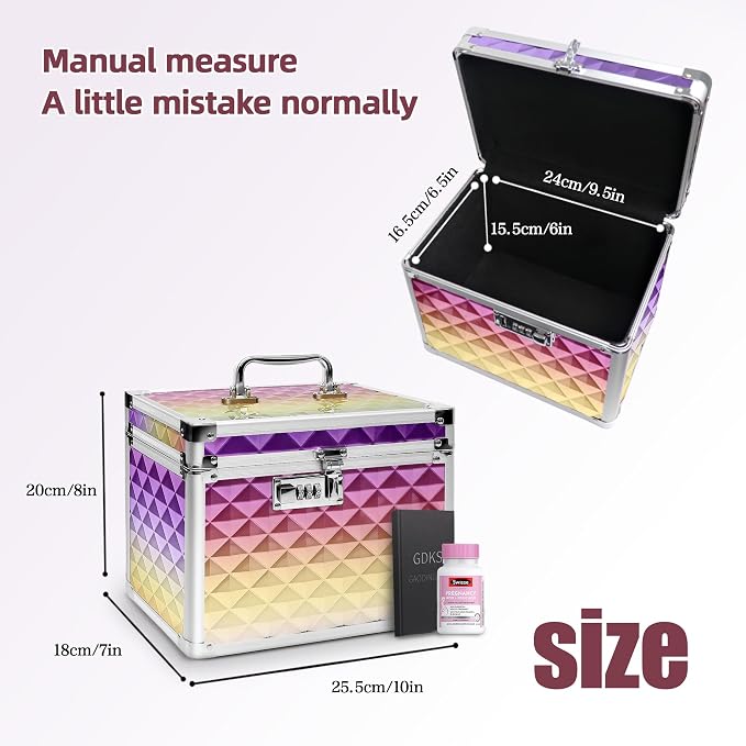 Medication Combination Lock Boxes with Code for Personal Items, Medicine Lockbox for Documents 10 x 7.25 x 7.75 Inches Rainbow Plaid Gold Purple