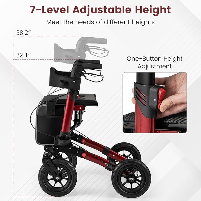 Goplus Walkers for Seniors with Seat, 2 in 1 Folding Rolling Rollator Walker with 9" Pneumatic Tires for All Terrain, Height Adjustment, Ergonomic Backrest, Aluminum Adult Mobility Walking Aid