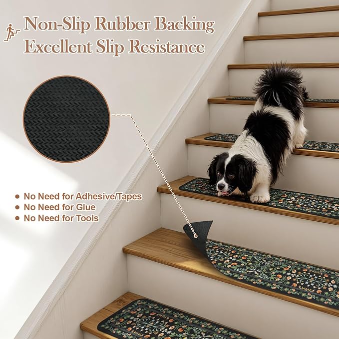 OJIA Floral Stair Treads Non-Slip Stair Runner for Wooden Steps Indoor 15PC | 30"x8" Carpet Stair Treads Stair Mats Staircase Step Treads for Kids, Elders and Dogs, Stair Covers, Black