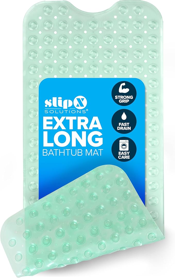 SlipX Solutions Power Grip Extra Long Bath Tub & Shower Mat 39x16, Wet Floor Non-Slip for Elderly & Kids Bathroom, 30% Longer Bathtub Mats, 200 Suction Cups, Drain Holes (1, Translucent Light Green)