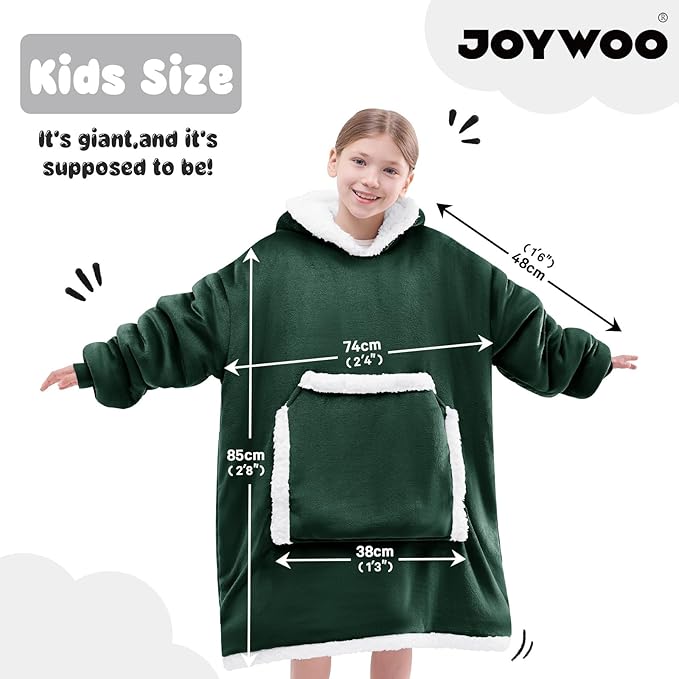 JOYWOO Green Kids Wearable Blanket Hoodie, Oversized Cat lovers Hoodie Blanket for kids & Teens,Birthday Gifts for Girl Boys,Cozy Fuzzy Sherpa Fleece Blanket Giant Pocket Winter Gifts,Dark Green