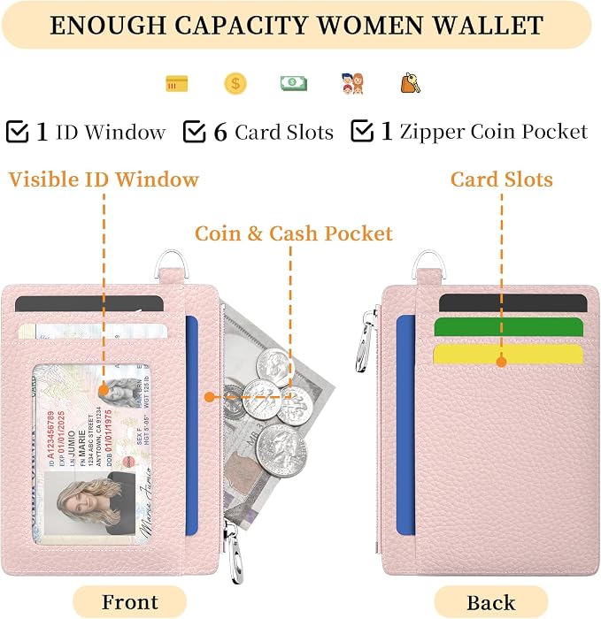 Hancynir Minimalist Slim Wallet Women Credit Card Holder, RFID Small Cute | Zipper Pocket Wallet, Thin Travel Coin Purse, Ladies Women Gifts, Key Chain Card Case, 6 Card Slots, ID Window, PU Leather