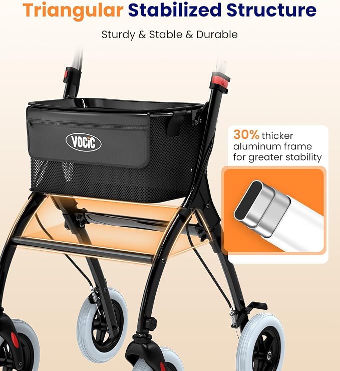 VOCIC Z32 Narrow Walkers for Small Spaces, 8" Quiet Anti-Slip Tires, Tray | Foldable & Lightweight Indoor Rollator Navigates Small Spaces, Easily Passes Tight Doors, Tray&Pouch for Home, Black