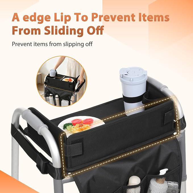 Tray for Walkers for Seniors with Cup Holder - Walker Accessories 【w/Pockets, Cup Holder & Non Slip Mat for Food】Mobility Trays Fits Most Standard Folding Walkers, Removable & Easy Assembly