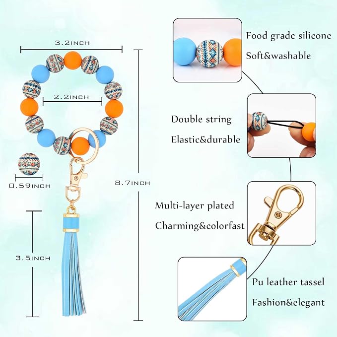 BAOSIWA Silicone Beaded Bracelet Keychain Wristlet Key Ring Bangle Chains for Women with Leather Tassel