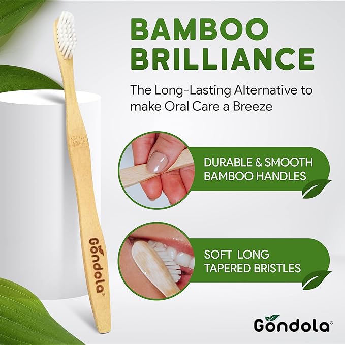 Gondola Organic Bamboo Toothbrushes Adults - 4 Count (Pack of 1) - Soft Bristles - Wood Toothbrush for Adults - Set for Sensitive Gums for Gentle Cleaning