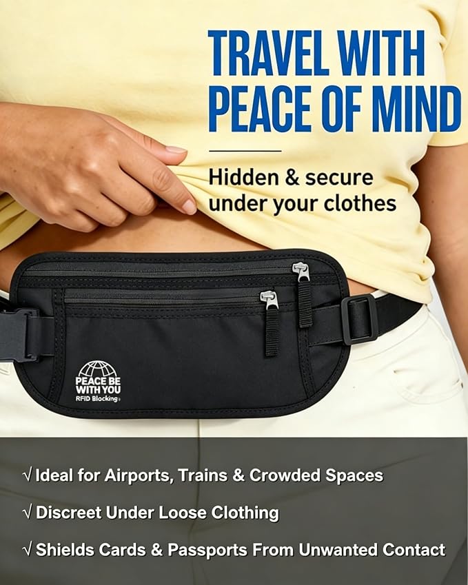 Money Belt for Travel, Passport Holder, RFID Blocking, Extender Strap | 3rd Gen Slim Waist Wallet Anti Theft to Protect Cash, Credit Cards and Document Under-Clothes for Men & Women, Black, Bamneat